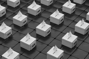 타일 바닥 위에 놓인 흰색 상자 그룹