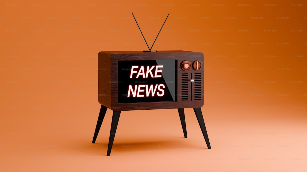 a fake news tv sitting on top of a wooden stand