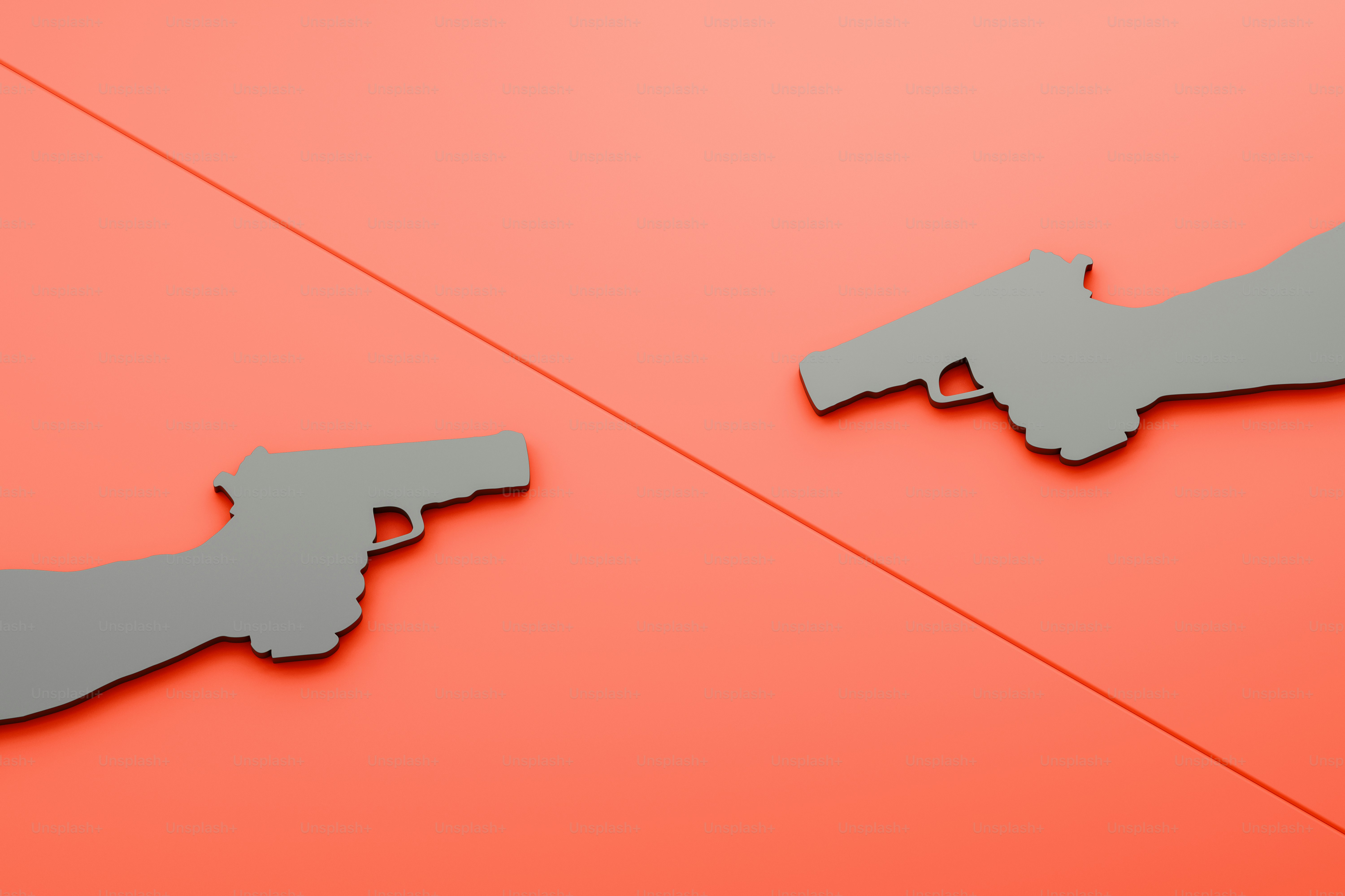 3D minimalist visualization depicting a confrontation between two individuals in an armed conflict.