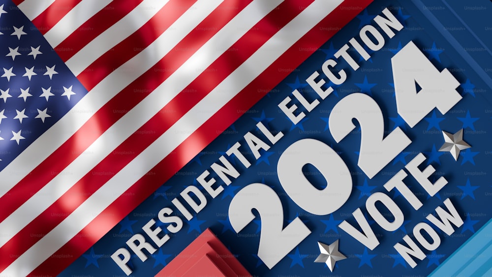 a presidential election poster with the american flag in the background