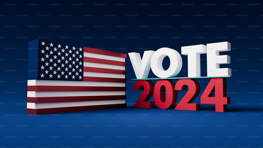 a 3d rendering of the word vote in front of an american flag