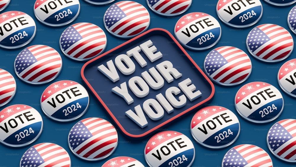 Un botón con las palabras Vota tu voz rodeado de banderas estadounidenses