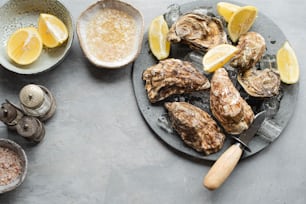a plate of oysters with lemon wedges and salt