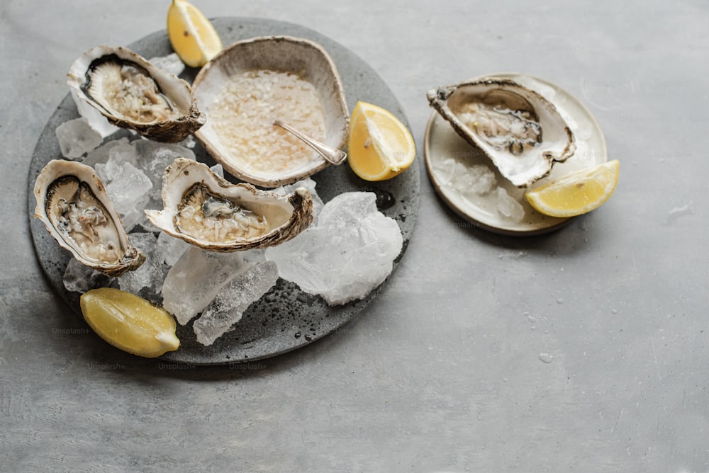 a plate of oysters on ice with lemon wedges