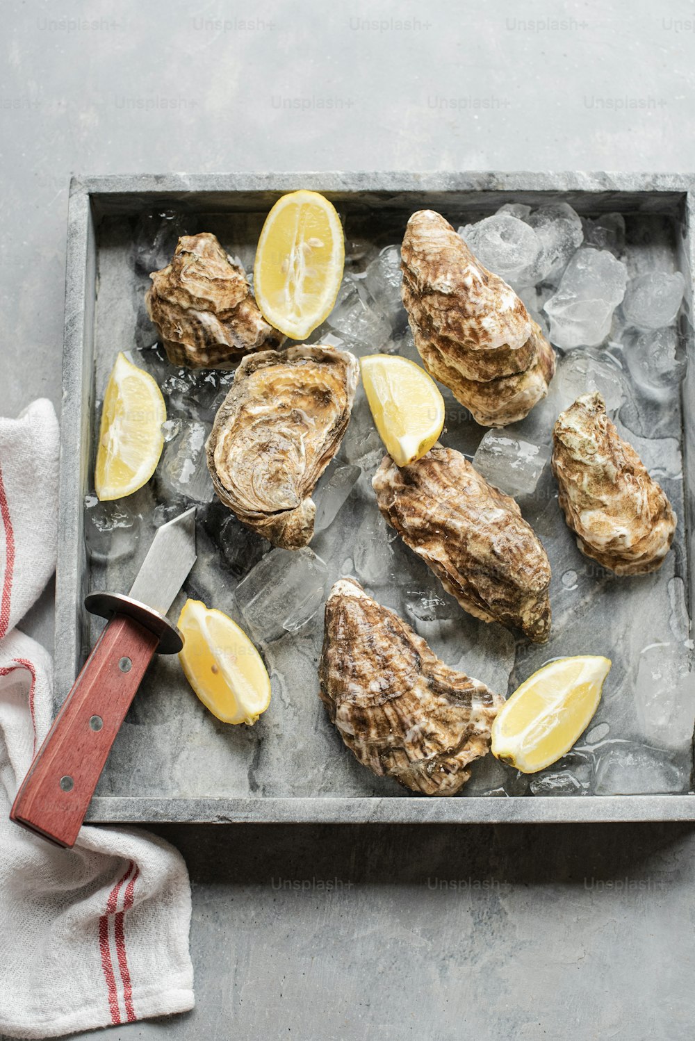 a tray of oysters with lemon slices and a knife