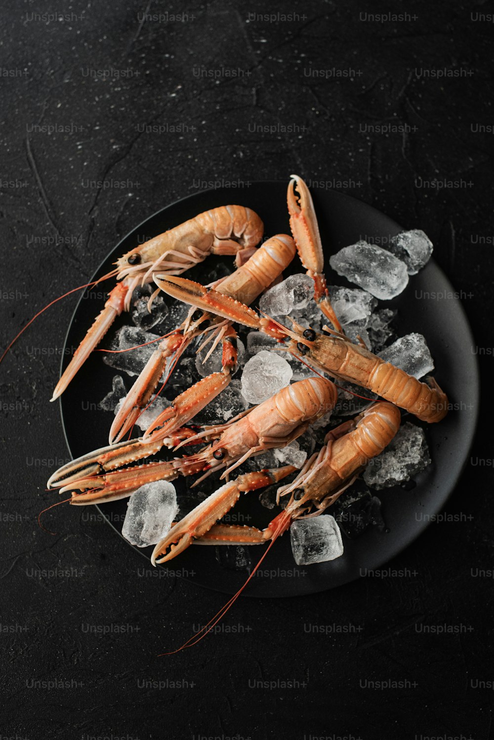 a plate of cooked lobsters on ice