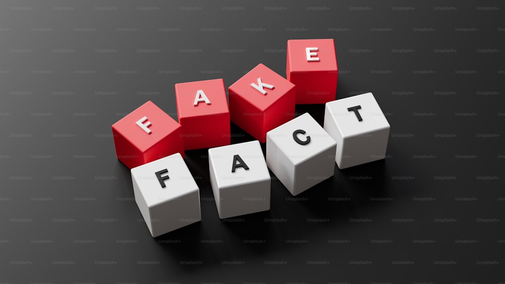 a red and white block that says fake fact