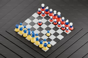 um tabuleiro de xadrez preto e branco com peças azuis e amarelas