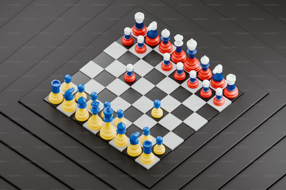 a black and white chess board with blue and yellow pieces