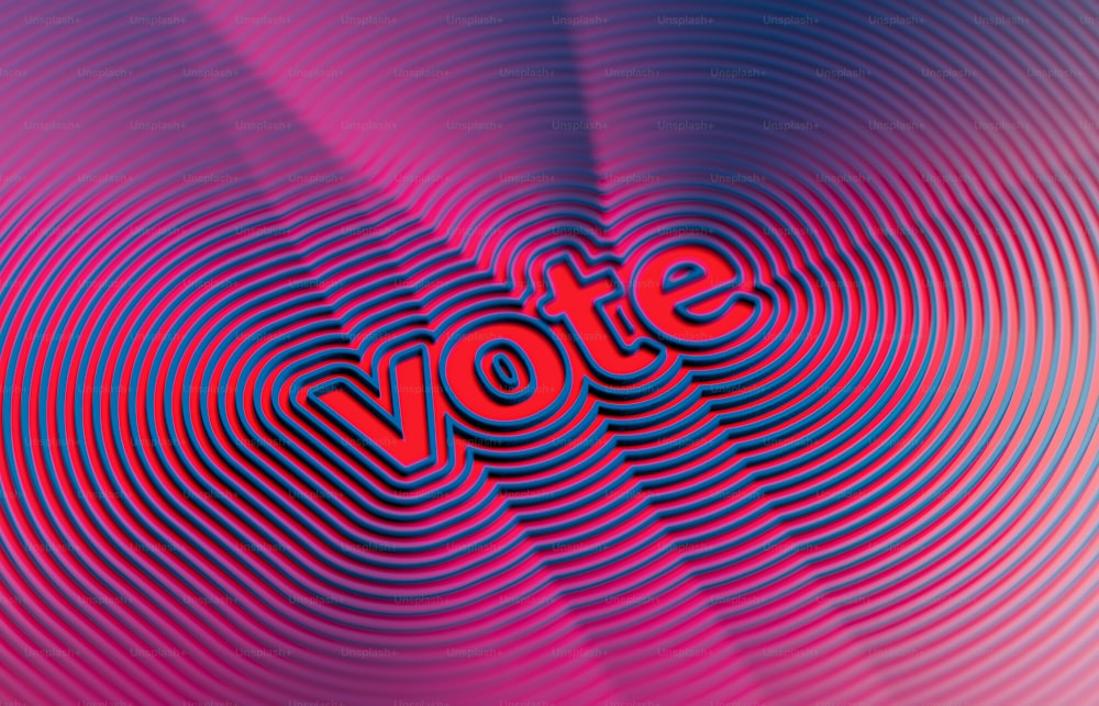 un signo de voto rojo sobre un fondo azul y rosa