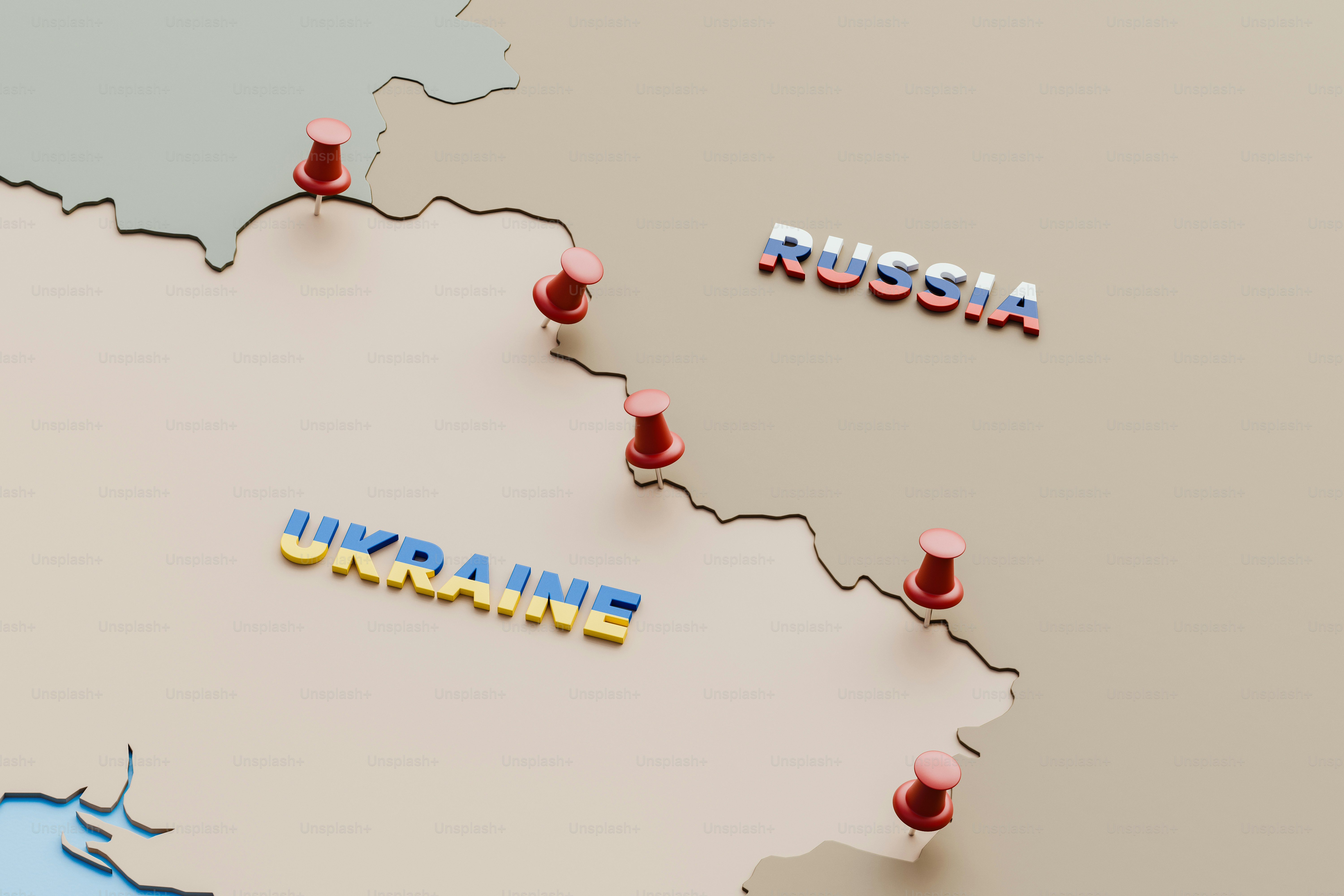 Minimalist 3D visualization highlighting the most intense battle spots on a map during the early stage of a Russia-Ukraine armed conflict.