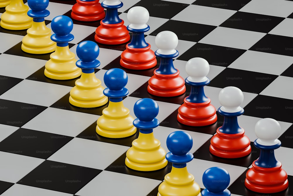 a close up of a chess board with different colored pieces