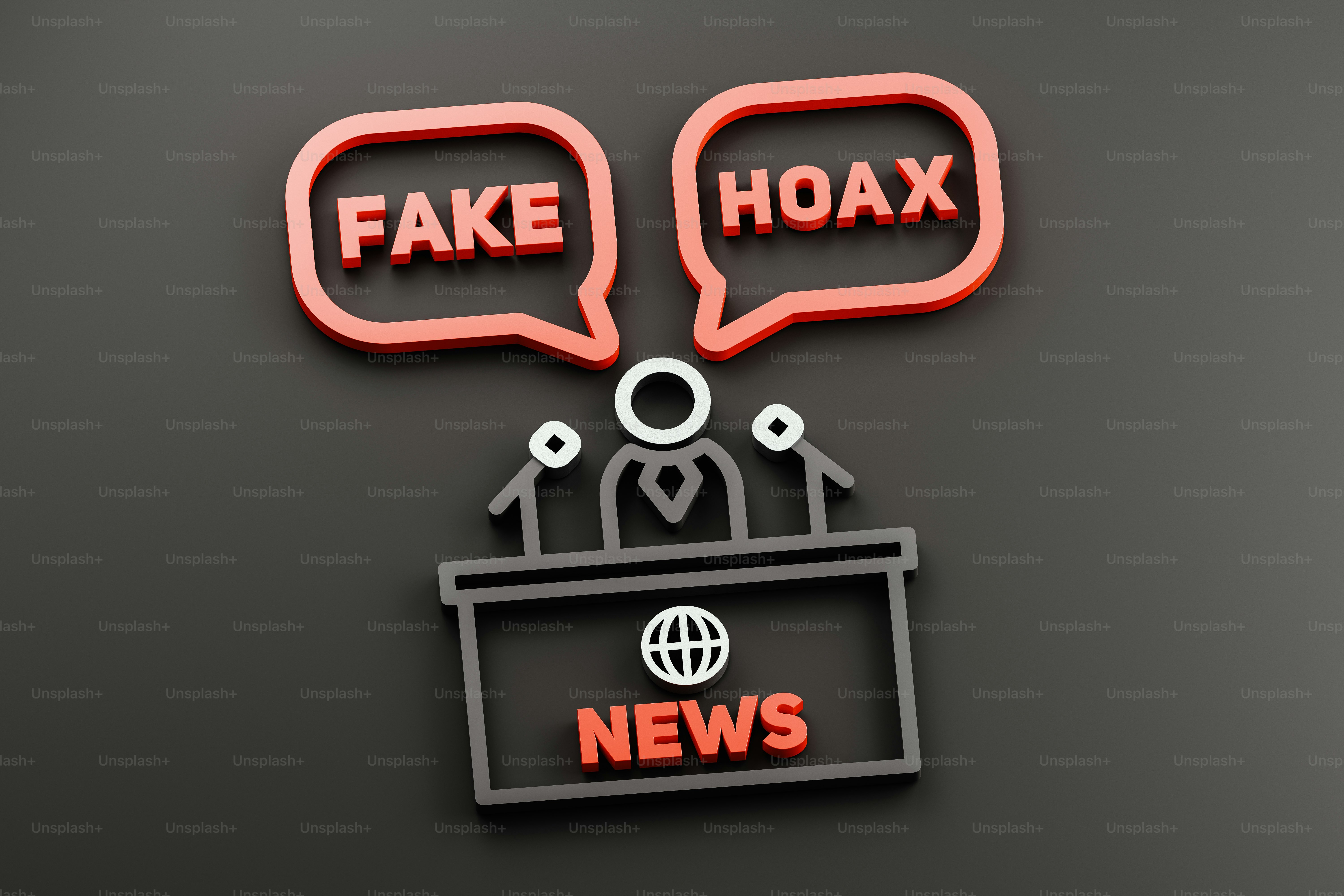 Minimalist 3D visualization depicting a journalist spreading fake news and hoaxes.