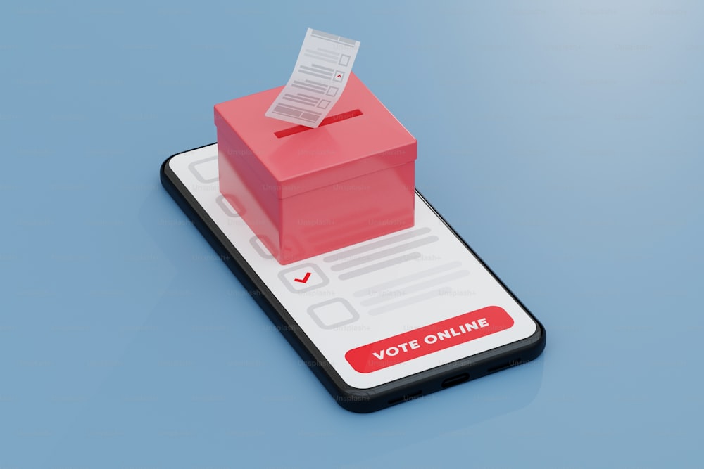 un téléphone surmonté d’une boîte de vote rouge