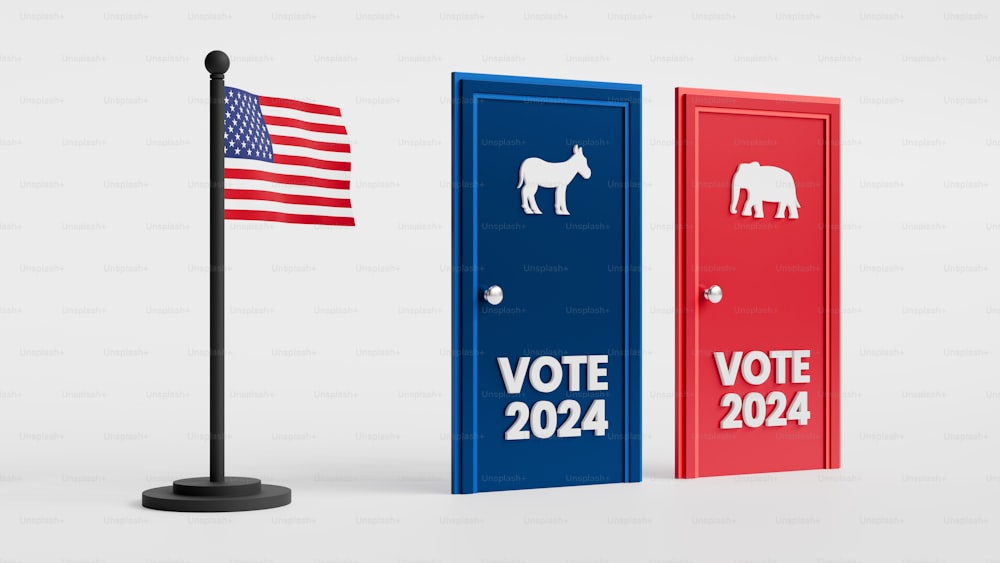 Eine Reihe politischer Türen mit einer amerikanischen Flagge im Hintergrund