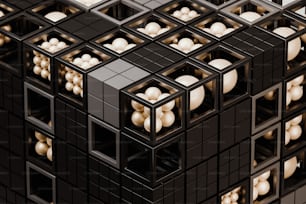 a group of black and white cubes with white balls in them
