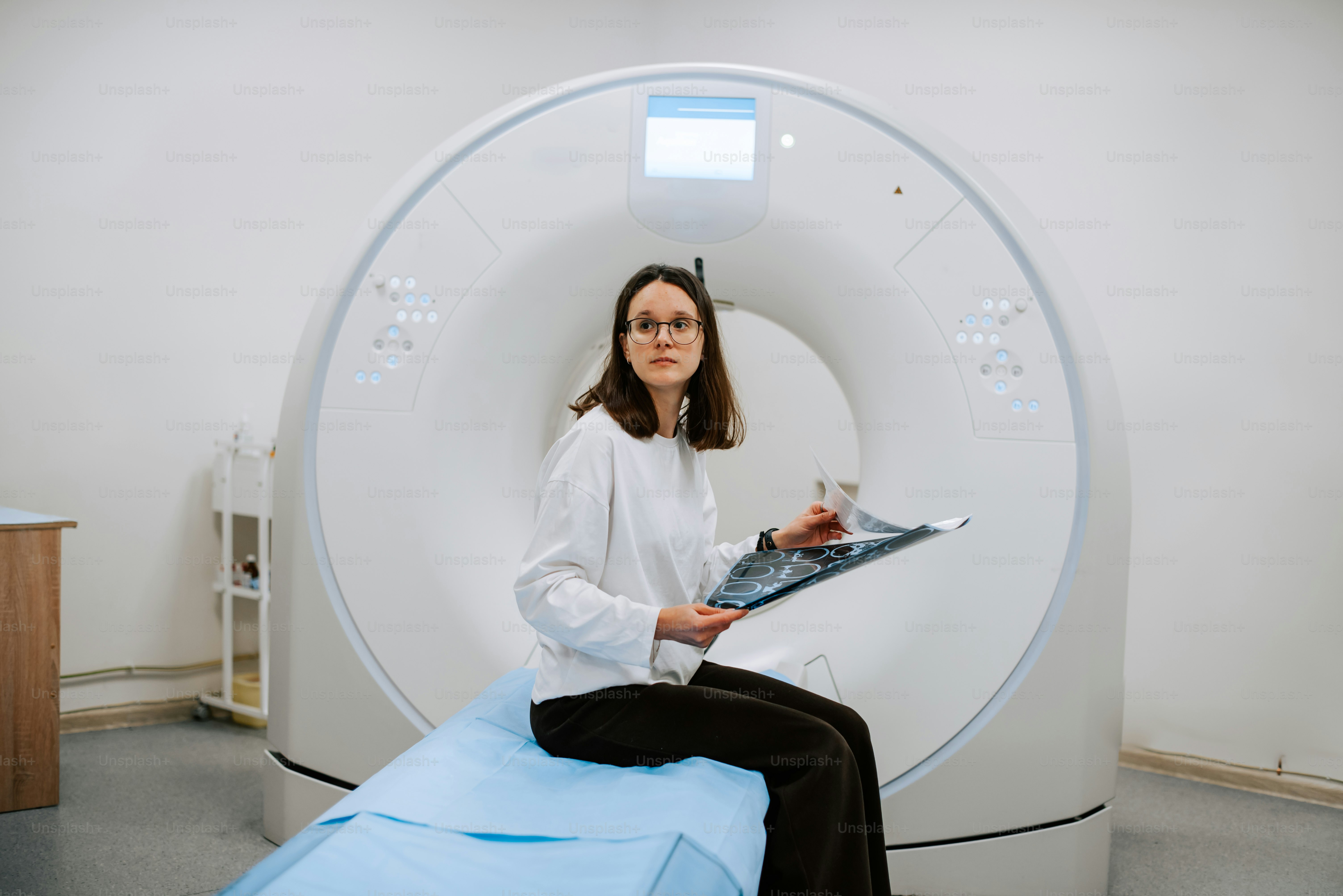 eine Frau, die auf einem Bett in einem Zimmer sitzt