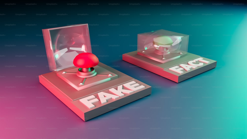 um par de objetos falsos sentados em cima de uma mesa