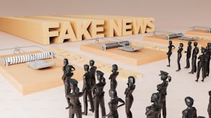 a group of people standing in front of fake news