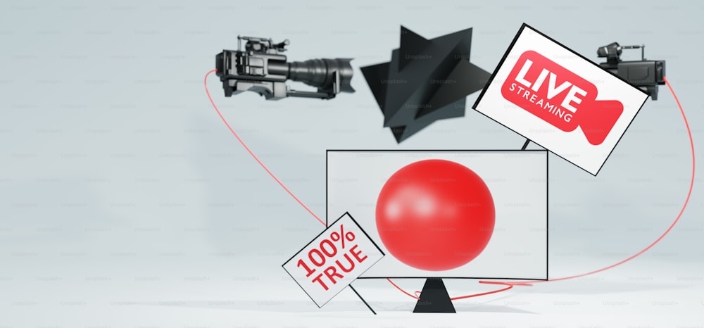 a red ball is in front of a camera and a sign