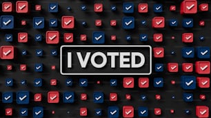 Une pancarte qui dit que je vote devant un tas de carreaux rouges et bleus