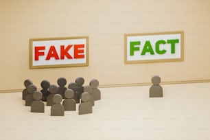 um grupo de pessoas em frente a sinais falsos e fact-fact;