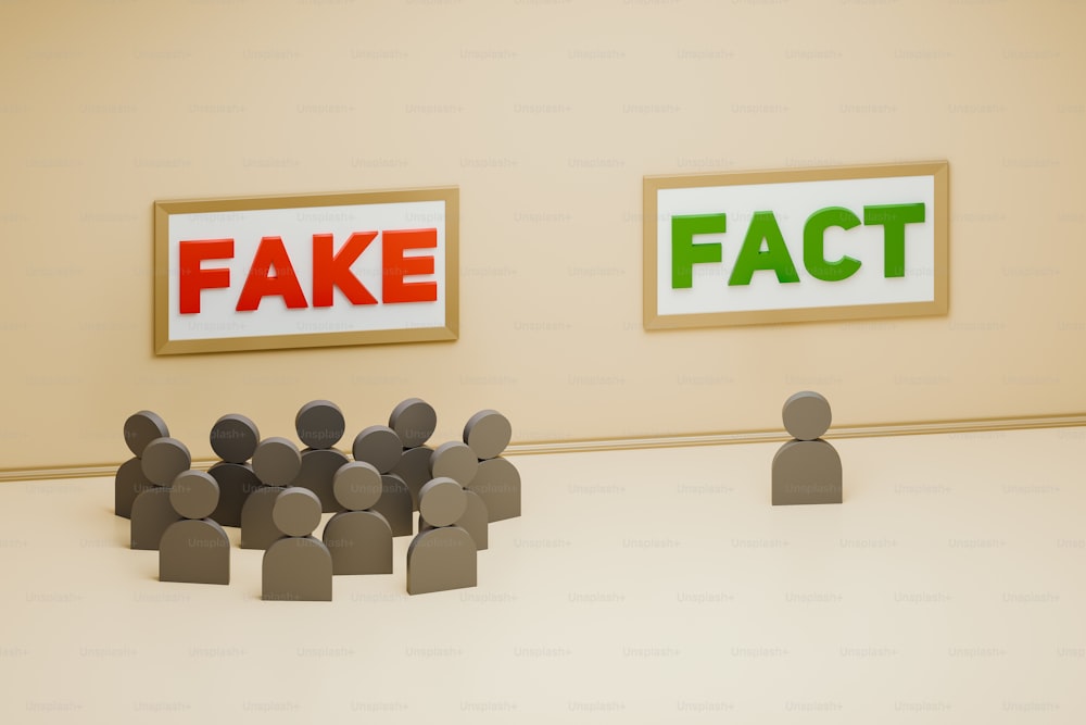 a group of people standing in front of fake and fact signs