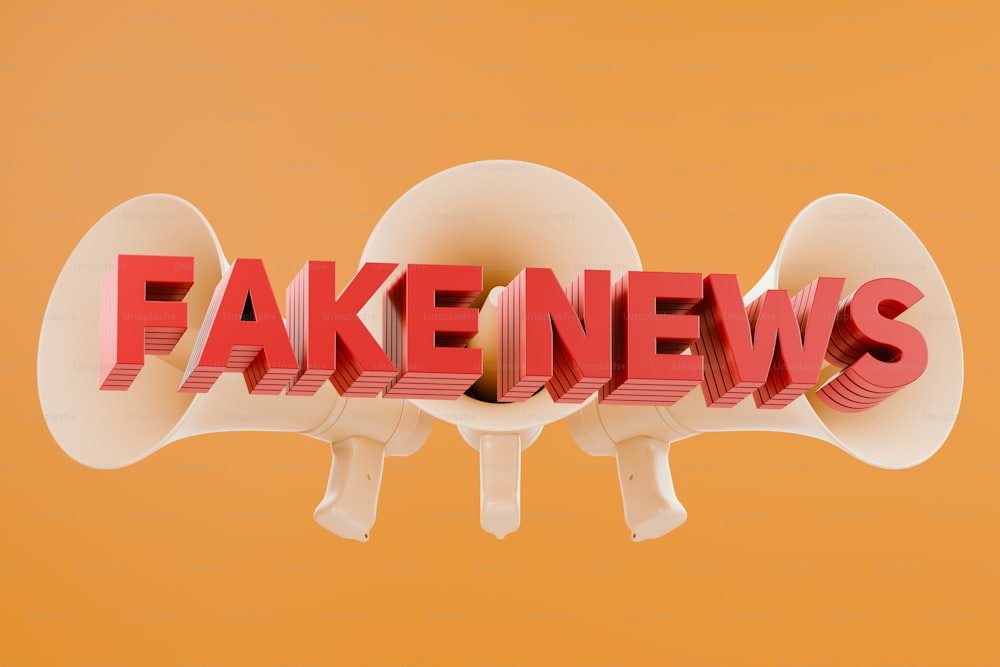 un cartello di fake news con due megafoni attaccati