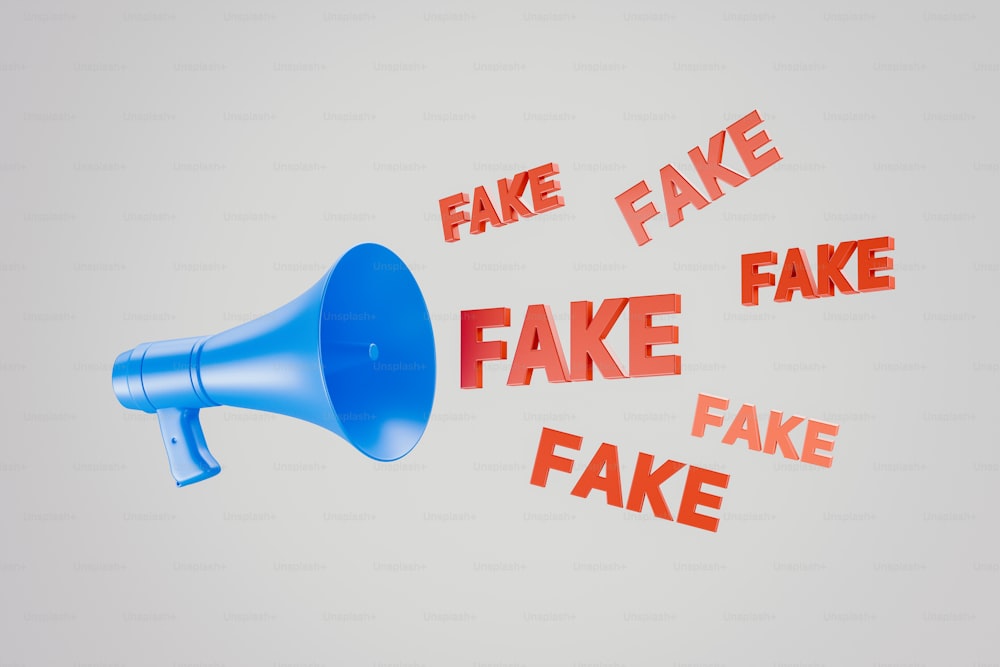 a blue megaphone with fake fake and fake words