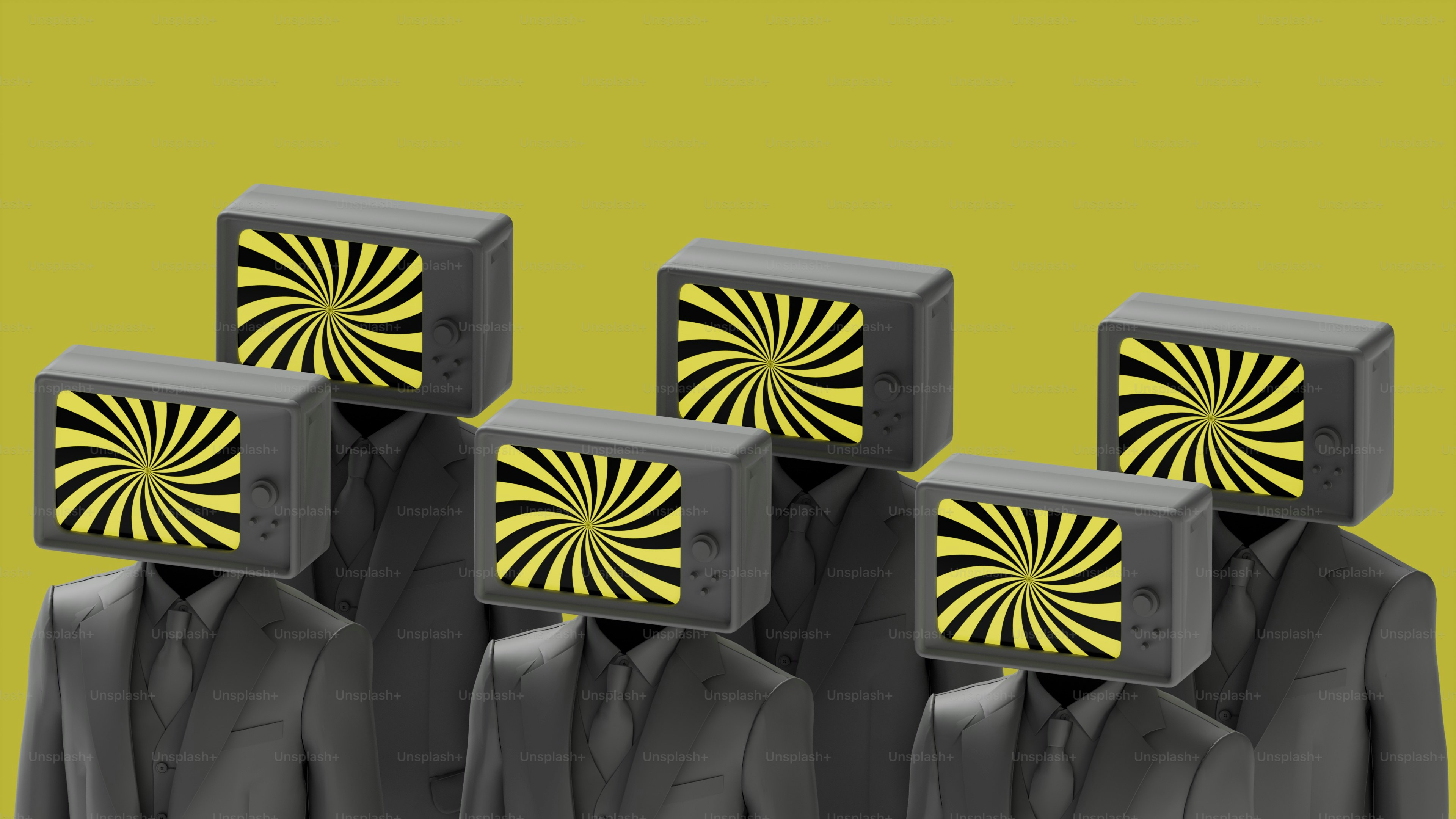 un gruppo di uomini in giacca e cravatta con quadrati gialli e neri in testa