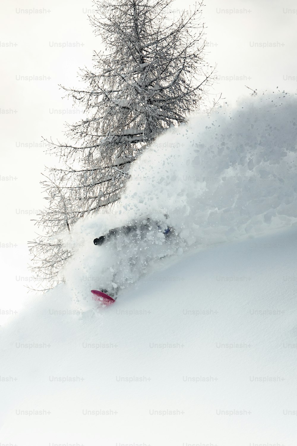 雪に覆われた斜面をスノーボードで駆け下りる人