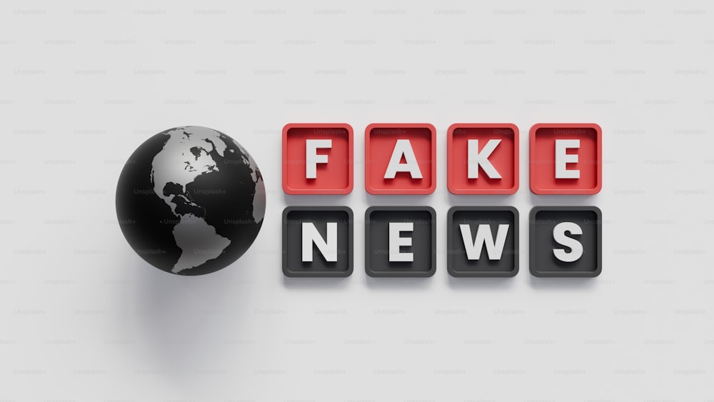the word fake news spelled with cubes and a globe