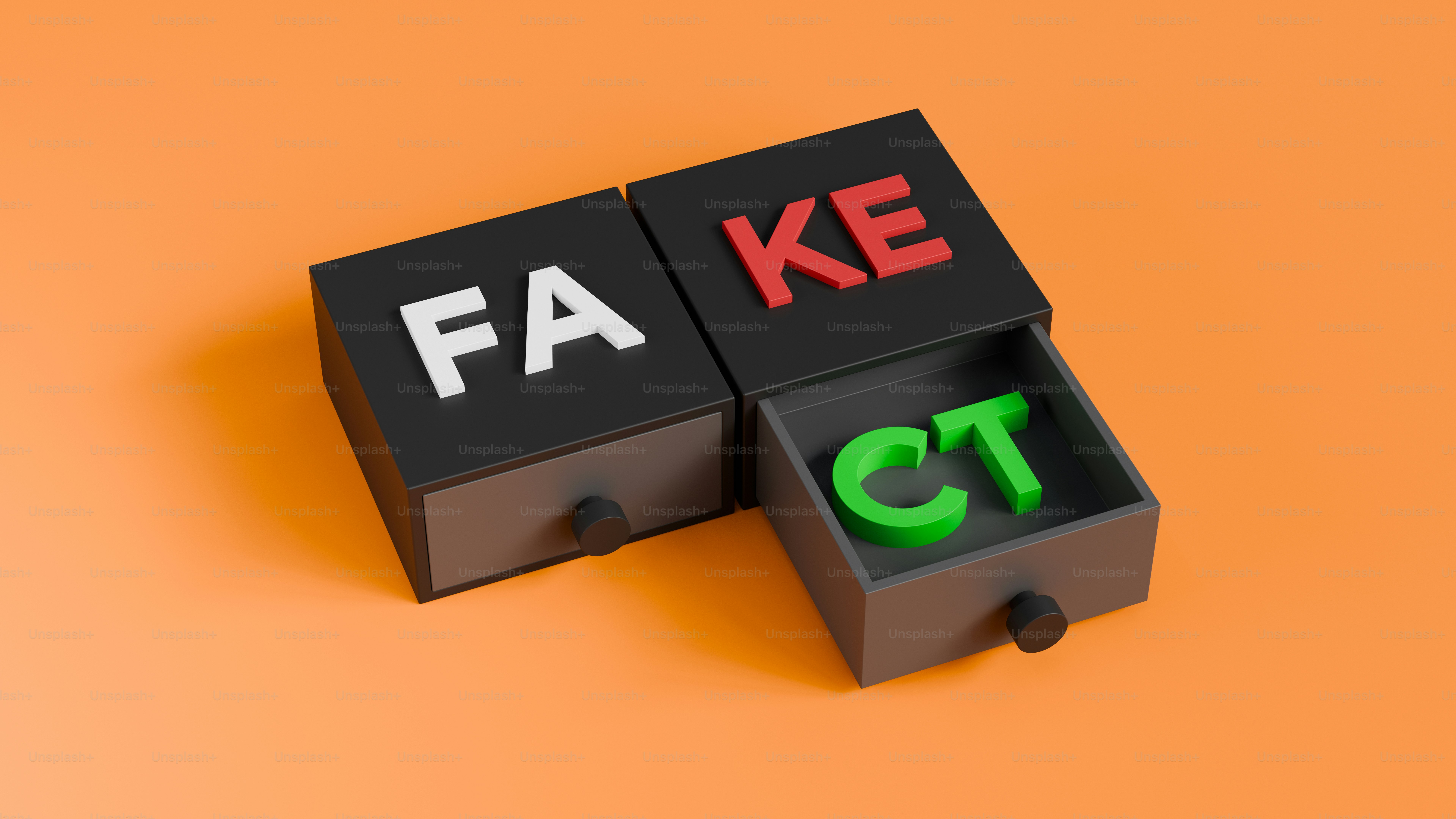 A 3d rendered image of word FAKE and FACT visualizing in a shape of drawer.