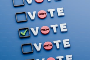 un fondo azul con las palabras votar y una marca de verificación