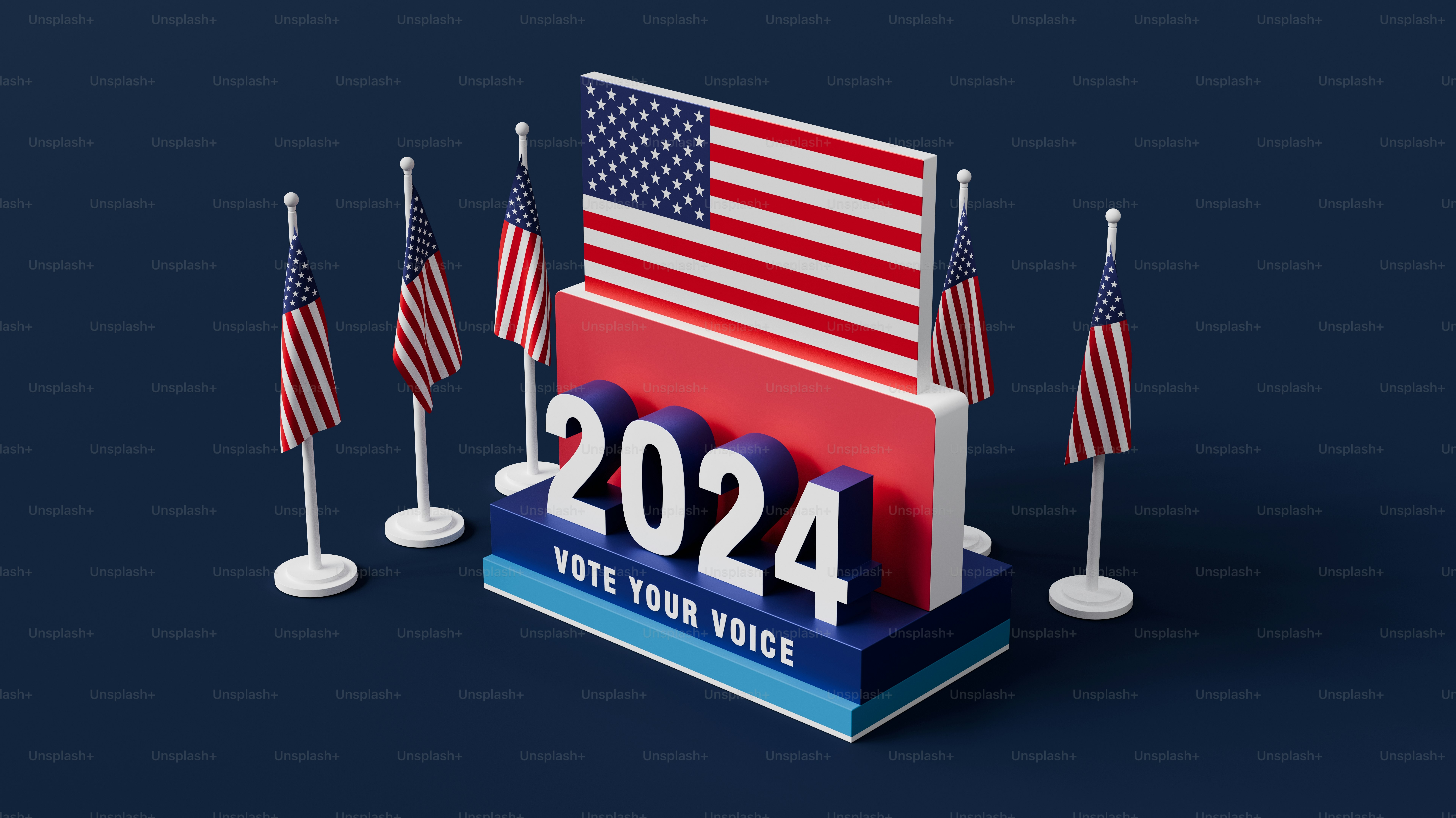 Un cartel de votación con banderas estadounidenses de fondo