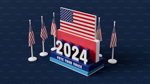 Un cartel de votación con banderas estadounidenses de fondo