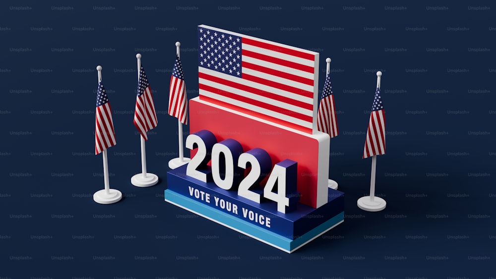 Un cartel de votación con banderas estadounidenses de fondo