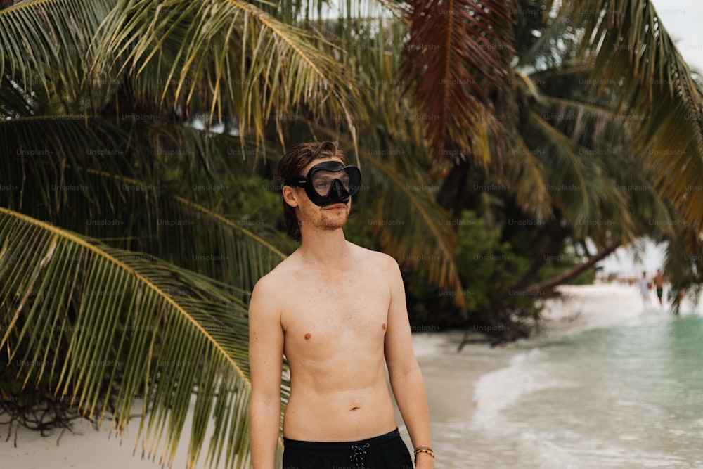 a man with a mask on standing on a beach