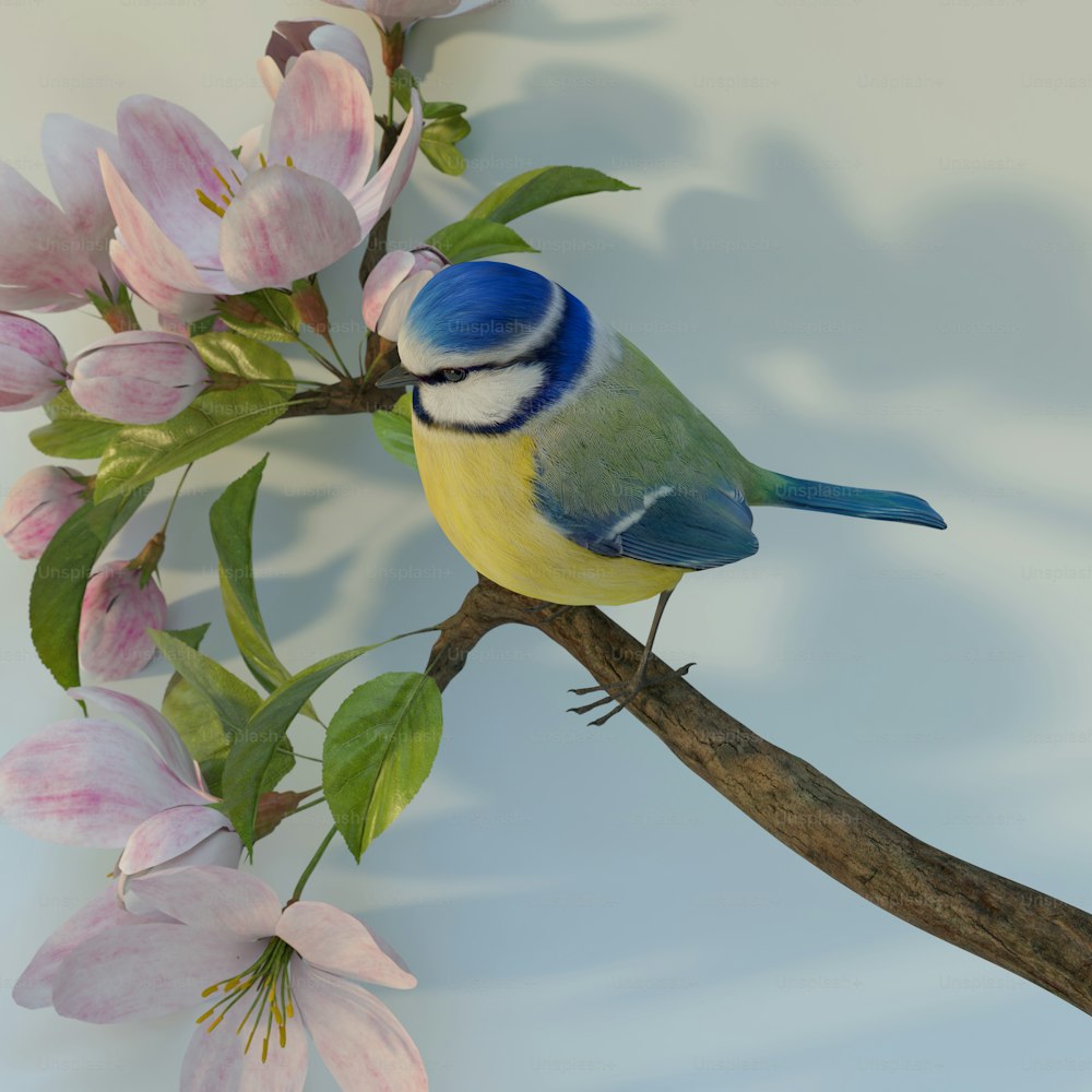 a blue and yellow bird sitting on a branch of a flowering tree