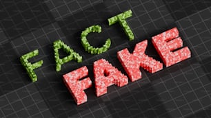 Las palabras Fact Fake están hechas de píxeles