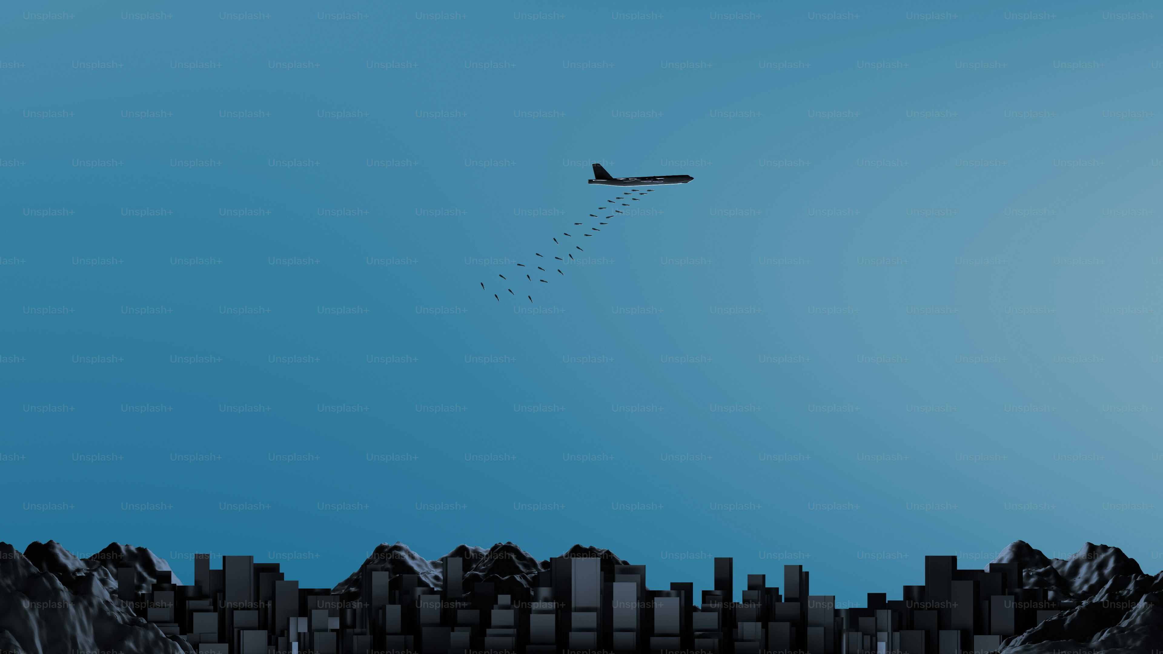 an airplane is flying over a city skyline