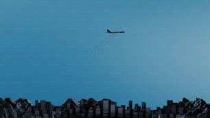 Ein Flugzeug fliegt über die Skyline einer Stadt