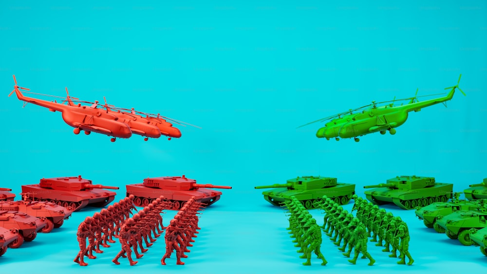 um grupo de modelos verdes e vermelhos de veículos militares