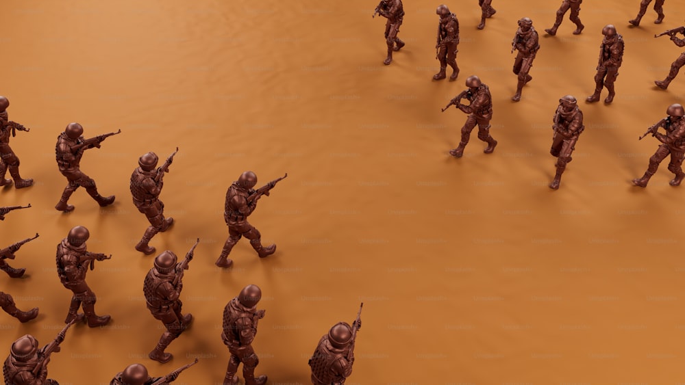 Eine Gruppe von Spielzeugsoldaten läuft durch eine Wüste