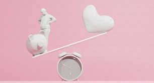 un orologio bianco e una statuetta bianca su sfondo rosa