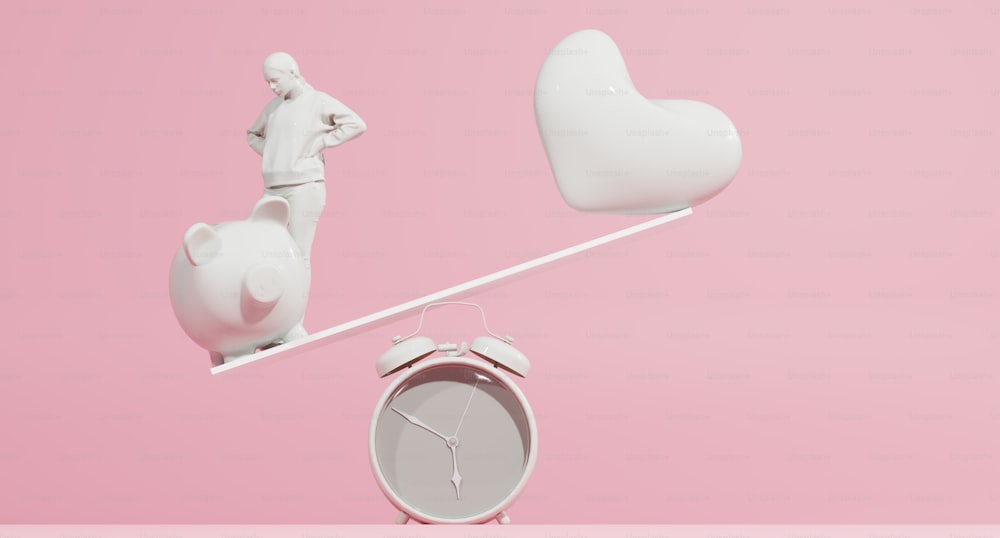a white clock and a white figurine on a pink background