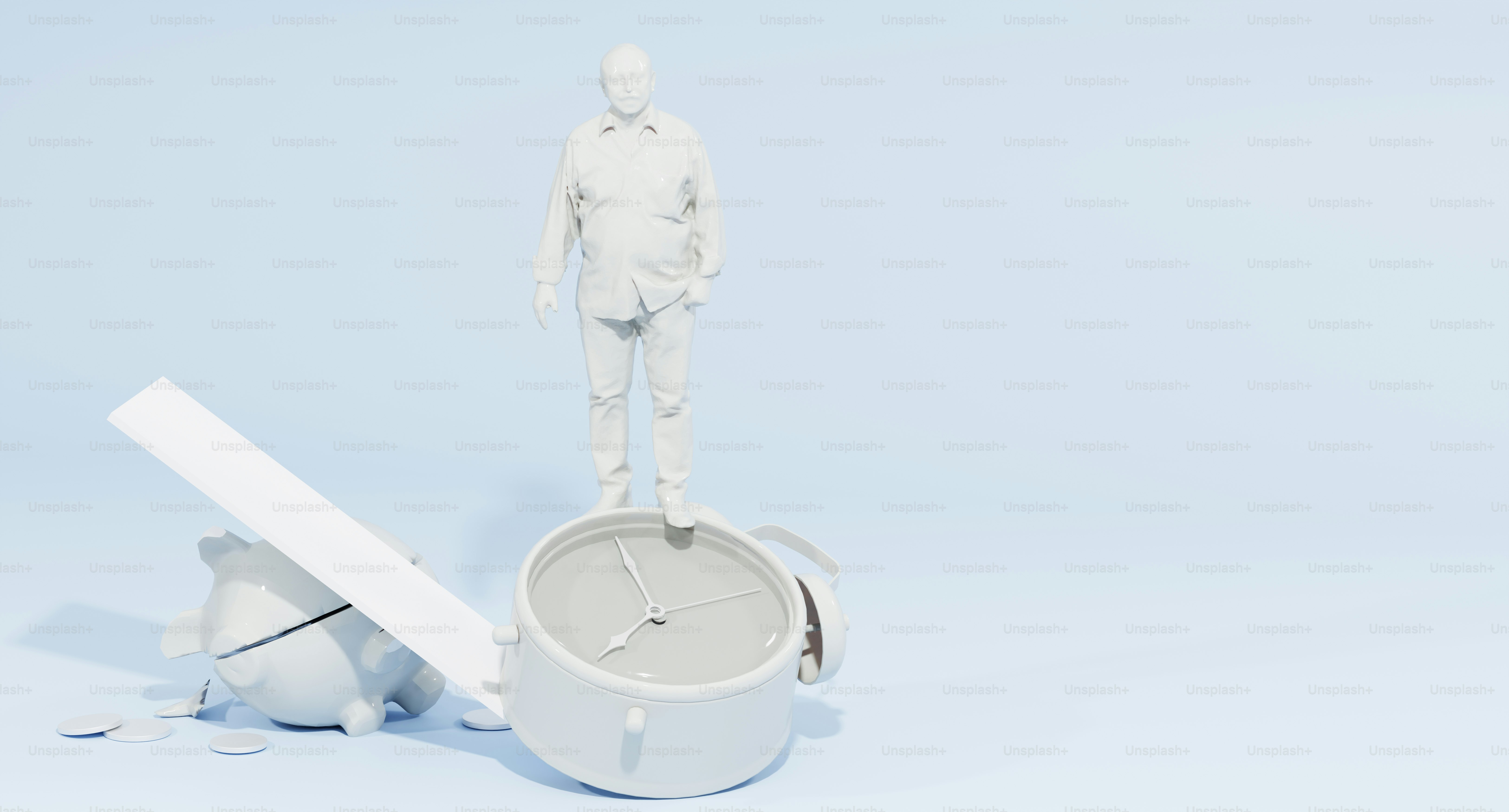 a white plastic man standing on top of a bucket