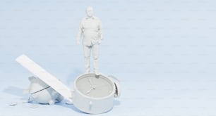 a white plastic man standing on top of a bucket