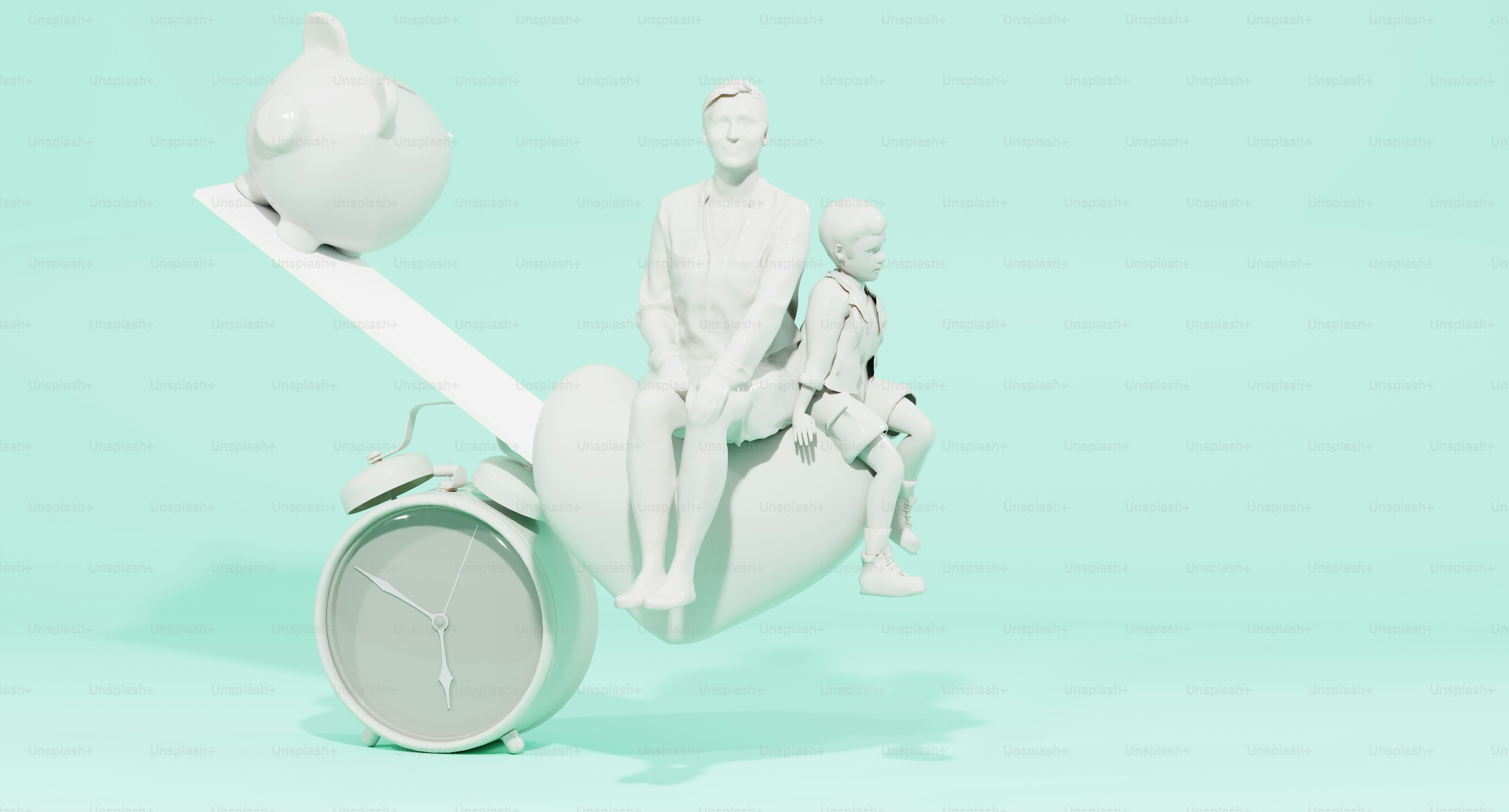 um relógio branco sentado em cima de uma mesa ao lado de uma estatueta branca