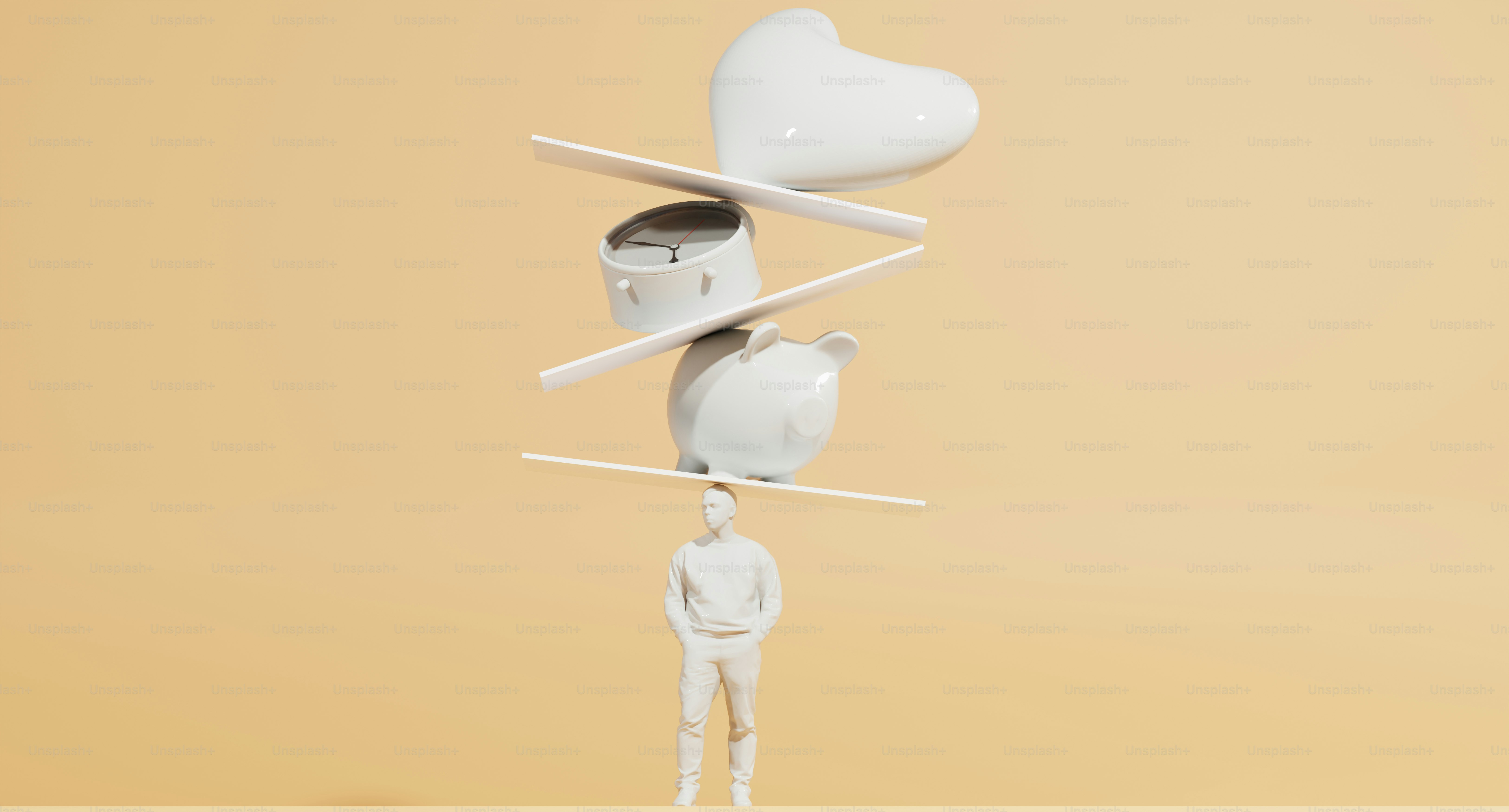 a white sculpture of a man balancing a tea pot and a kettle